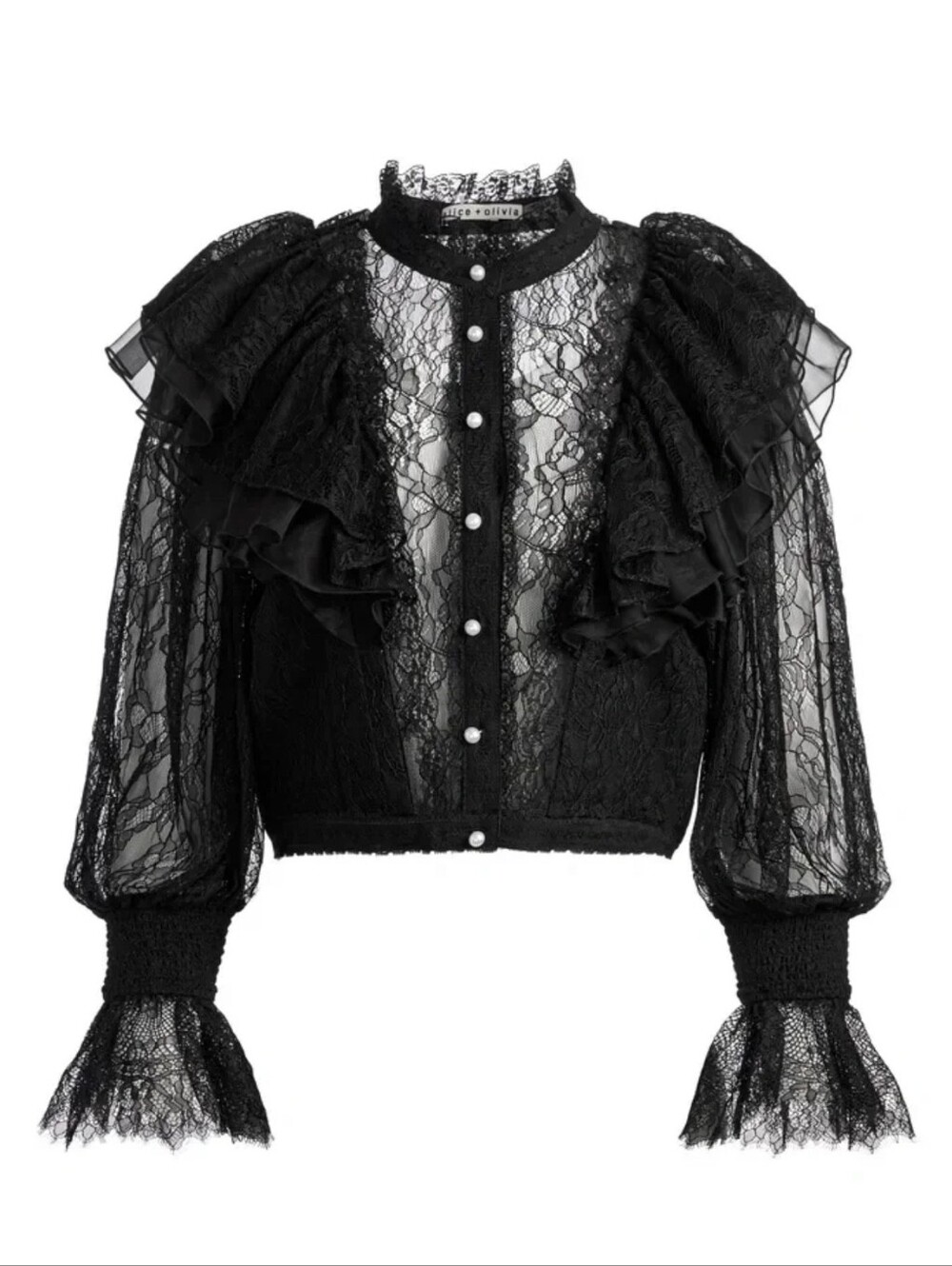 Alice + Olivia DELPHA RUFFLE LACE BLOUSON SLEEVE CROPPED TOP5 - Picture 4 of 9